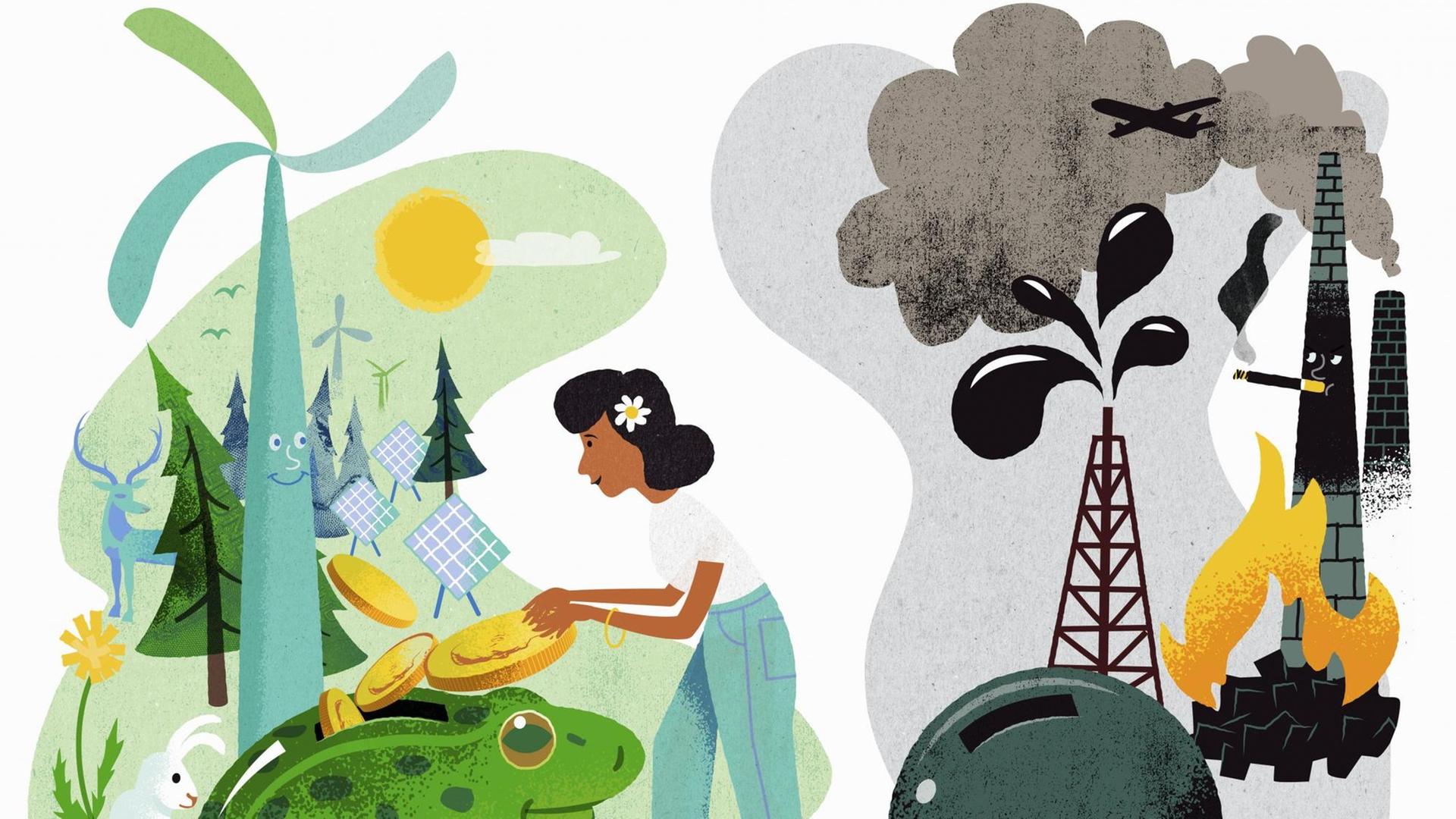 Eine kleinteilige Illustration stellt verschiedene Aspekte mit dem Umgang der Umwelt dar. Windrad, Wald und Solarzellen stehen Flugzeug, rauchendem Schornstein und einer Kanonenkugel gegenüber.