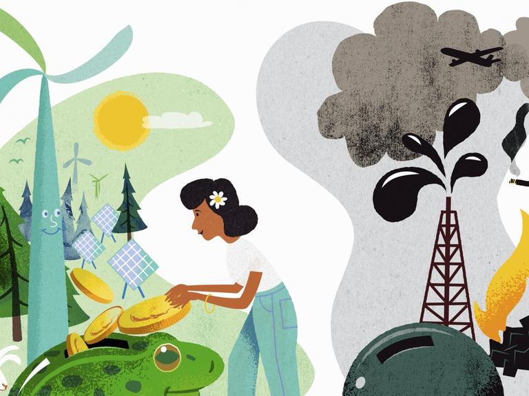 Eine kleinteilige Illustration stellt verschiedene Aspekte mit dem Umgang der Umwelt dar. Windrad, Wald und Solarzellen stehen Flugzeug, rauchendem Schornstein und einer Kanonenkugel gegenüber.