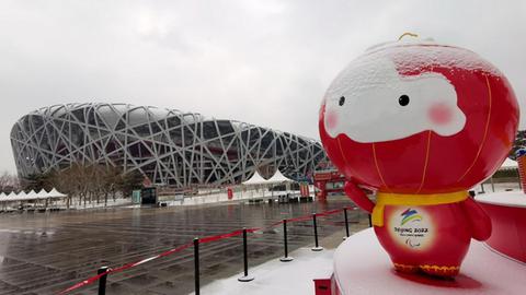 Das Maskottchen steht im Schnee vor dem Stadion.