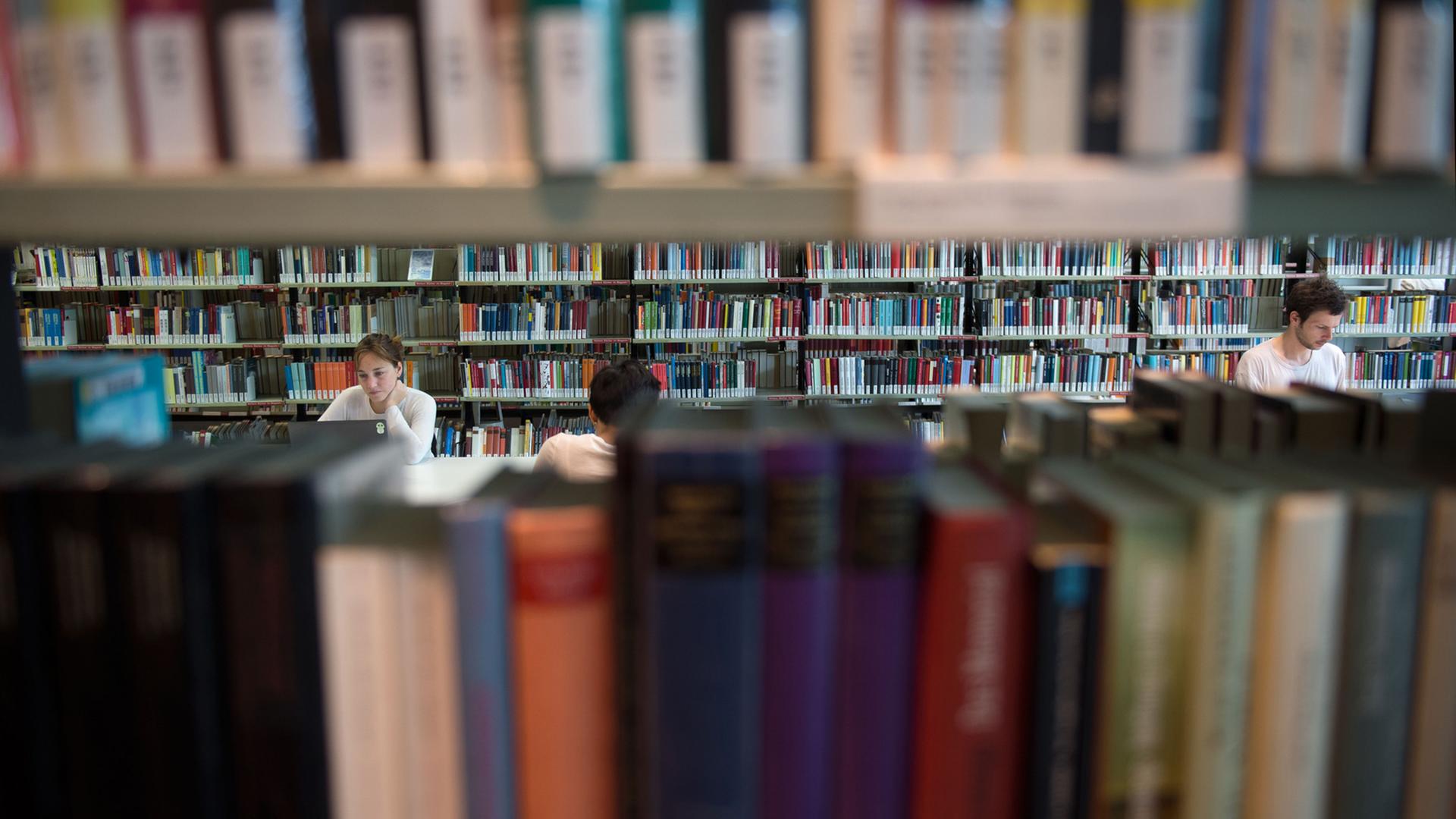 Besucher der Amerika-Gedenkbibliothek in Berlin sitzen zwischen Bücherregalen.