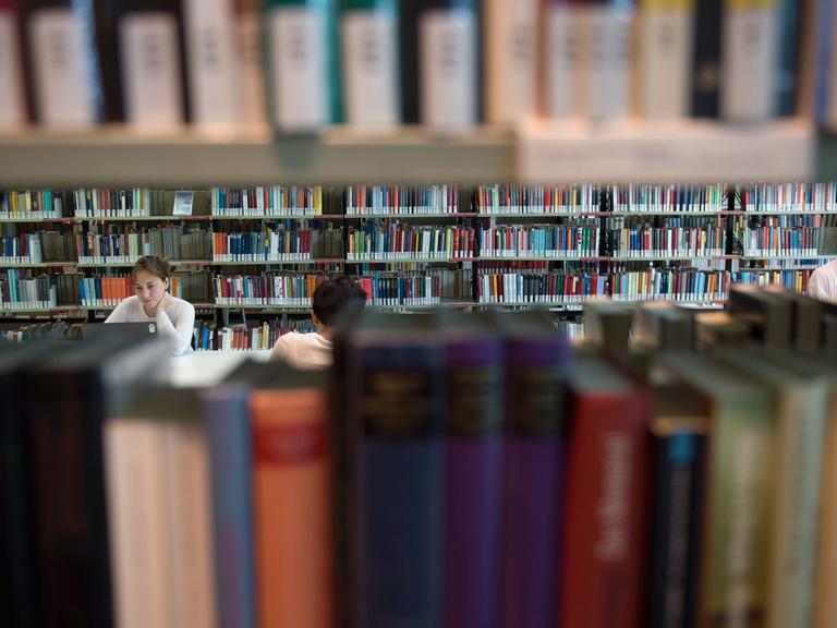 Besucher der Amerika-Gedenkbibliothek in Berlin sitzen zwischen Bücherregalen.