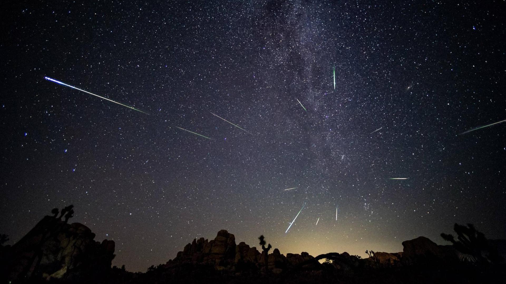 Im Joshua Tree National Park im US-Bundesstaat geht am nächtlichen Himmel ein Meteoritenschauer nieder.