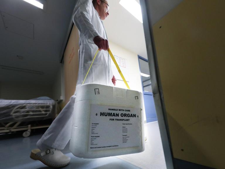 Ein Mitarbeiter der Medizinischen Hochschule Hannover trägt eine Organtransportkiste durch eine Tür.