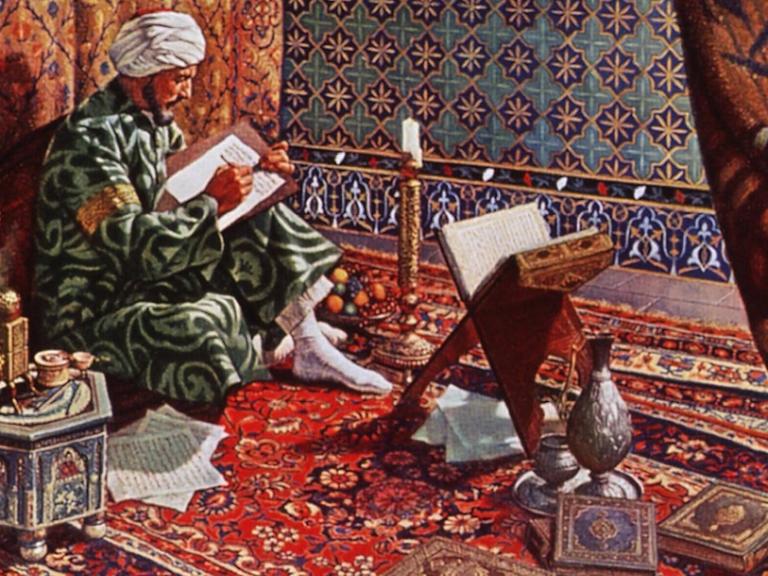 Illustration von Ibn Sina (Avicenna) wie er von Büchern umgeben während seines Studiums auf einem persischen Teppich sitzt