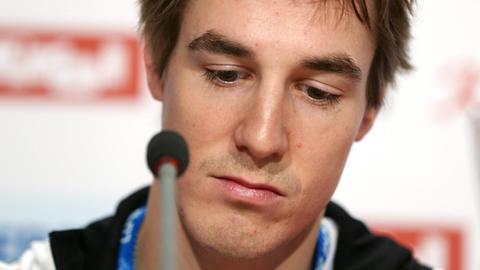 Der Österreichische Langläufer Johannes Duerr während einer Pressekonferenz bei den Olympischen Spielen in Sotschi 2014