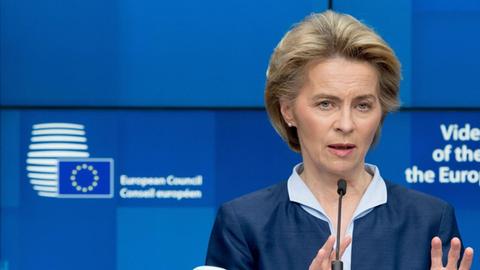 200620 -- BRUSSELS, June 20, 2020 Xinhua -- European Commission President Ursula von der Leyen speaks at a press conference following a video conference of European leaders at the EU headquarters in Brussels, Belgium, June 19, 2020. European leaders met at a video conference on Friday, discussing an ambitious fund to help the European economies recover from the COVID-19 pandemic. But no consensus was reached. The heads of state and government of the European Union s member states hopefully will meet again physically in July to address their differences, President of the European Council Charles Michel told media following the video conference. European Union/Handout via Xinhua BELGIUM-BRUSSELS-EU-COVID-19-VIDEO CONFERENCE PUBLICATIONxNOTxINxCHN