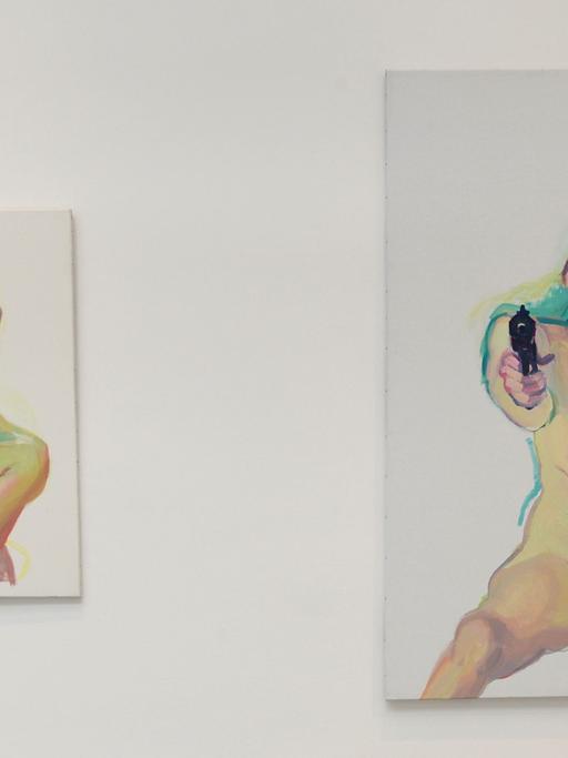 Die Arbeiten "Selbst mit Meerschweinchen" (l) und "Du oder Ich (You or me)" von Maria Lassnig nebeneinander an einer Museumswand.