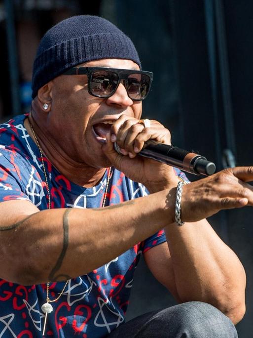 LL Cool J kniet auf der Bühne, rappt und zeigt mit seinem rechten Zeigefinger auf das Publikum. Er trägt Mütze, Sonnenbrille und ein bunt gemustertes Hemd.