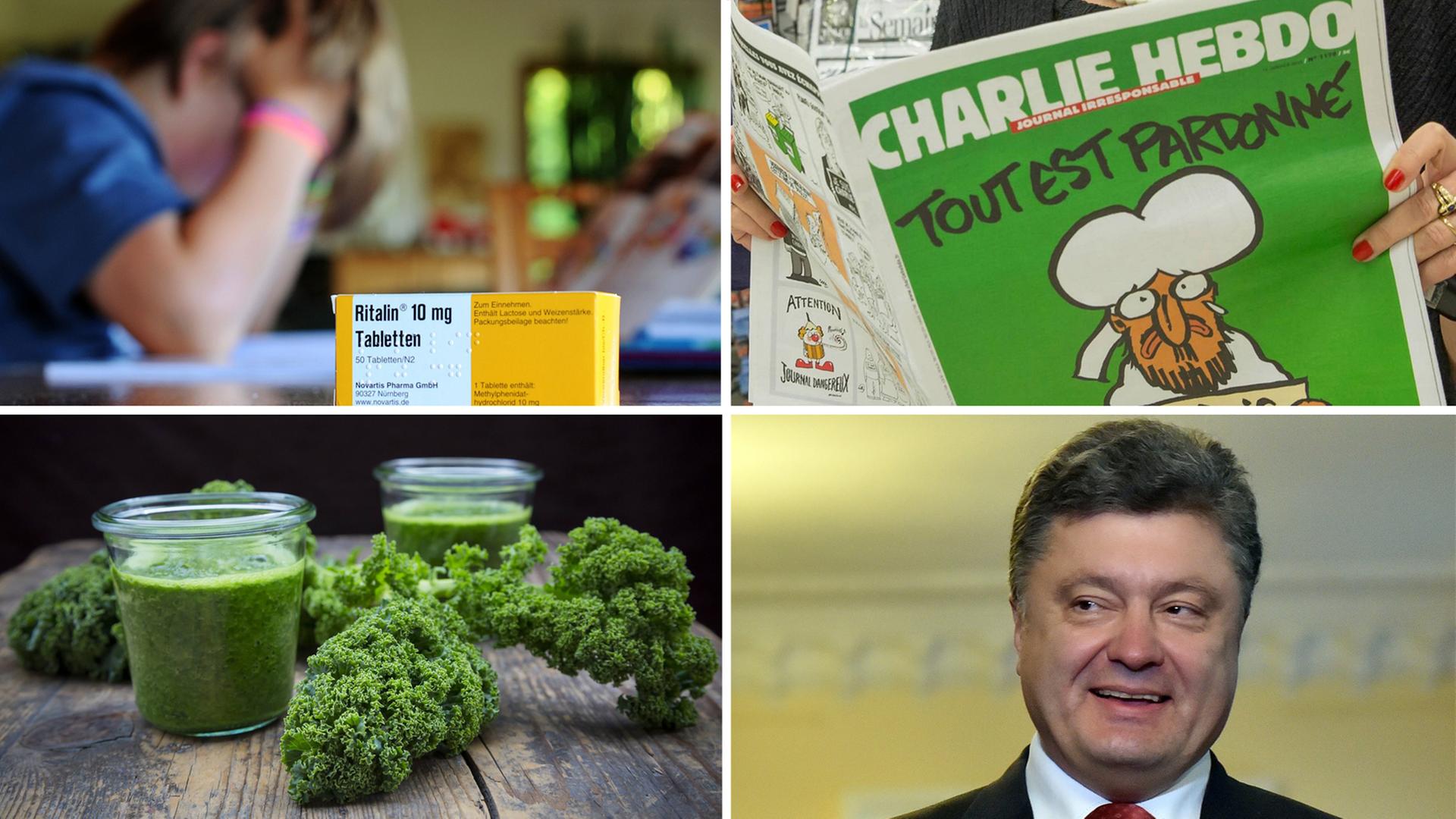 EineCollage: Packung, Ritalin, eine Ausgabe des Satiremagazin "Charlie Hebdo", zwei Gläser mit grünem Smoothie aus Grünkohl, der ukrainische Präsident Poroschenko 