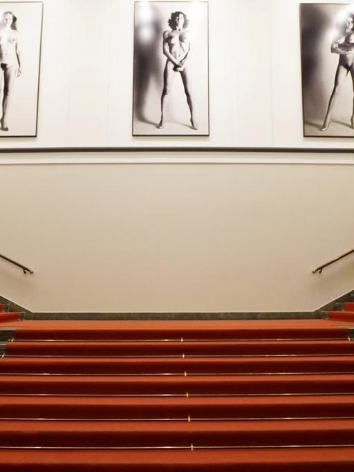 Zu sehen sind Bilder von Helmut Newton im Foyer der Helmut-Newton-Stiftung.