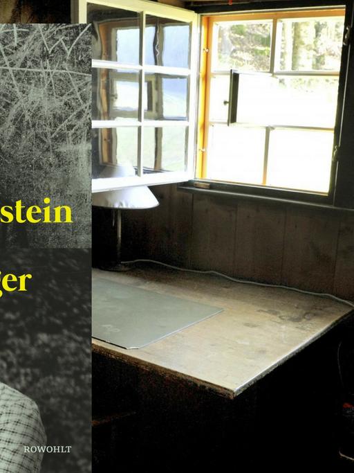 Cover von "Wittgenstein und Heidegger" vor dem Schreibtisch von Martin Heidegger in der Berghütte des Philosophen im Schwarzwald.