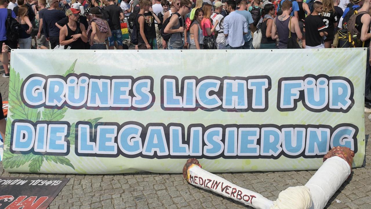 "Grünes Licht für die Legalisierung" steht am 08.08.2015 in Berlin bei der Hanfparade auf einem Plakat.  Foto: Rainer Jensen/dpa