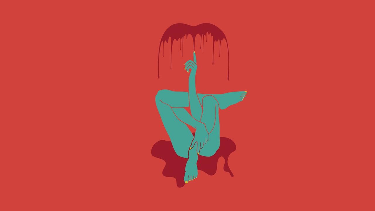 Auf einer Illustration aus dem Heft "Stained – Perspektiven auf Menstruation" sind übereinandergeschlagene Beine und darüber eine kleine rote Fontäne zu sehen. 
