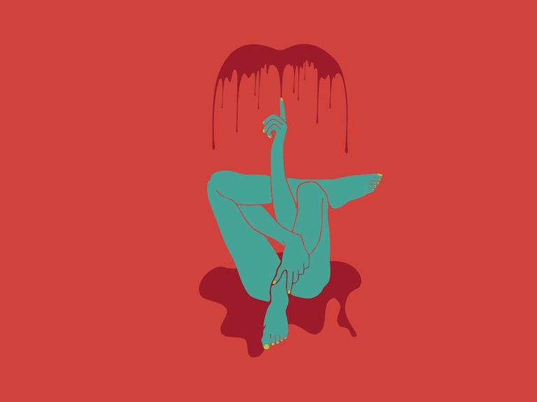 Auf einer Illustration aus dem Heft "Stained – Perspektiven auf Menstruation" sind übereinandergeschlagene Beine und darüber eine kleine rote Fontäne zu sehen. 