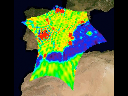 Eigentlich sollte diese Karte des SMOS-Satelliten zeigen, wieviel Wasser Spaniens Böden enthalten. Doch falsch eingestellte Funksender störten das Bild und verursachten die roten Flecken.