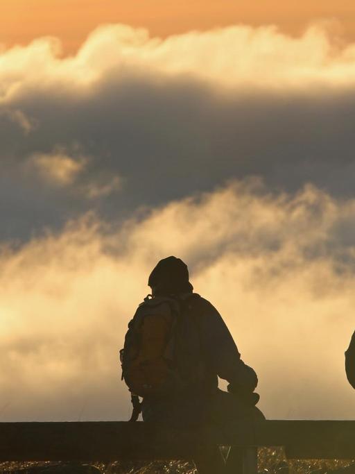 Wanderer gehen am 30.12.2015 über die Brockenkuppe.
