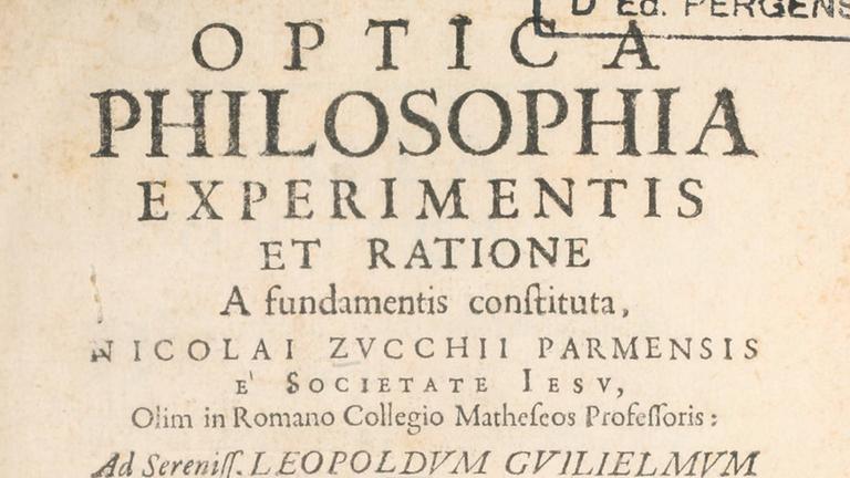 Titelseite des Hauptwerks "Optica Philosophia" von Nikolaus Zucchius