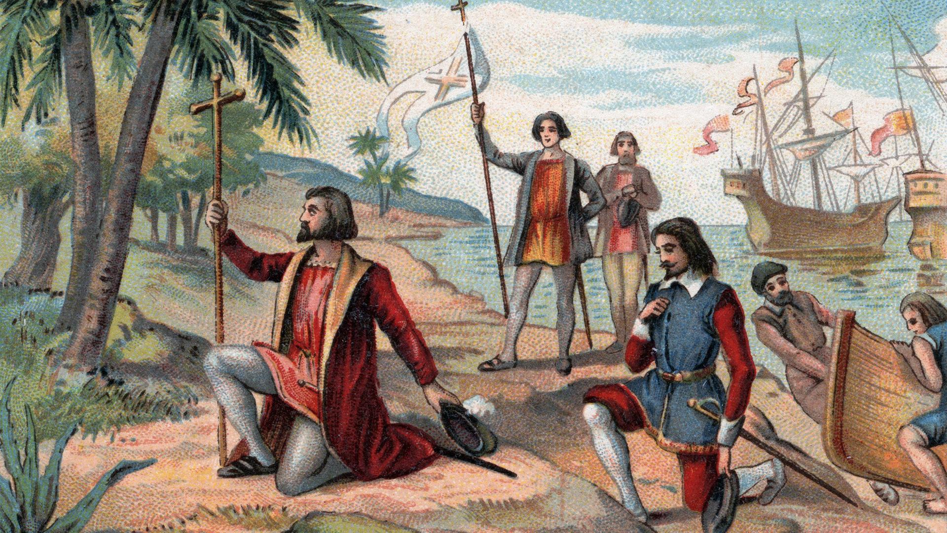 Die Landung von Christoph Columbus in der "Neuen Welt"; Chromolithography um circa 1900
