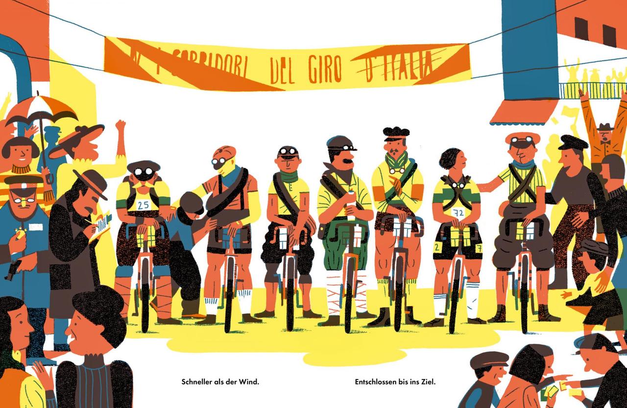 Zeichnung aus dem Buch "So schnell wie der Wind" - Die Startlinie des Giro d'Italia mit Alfonsina Strada neben ihren männlichen Kollegen