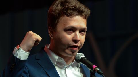 Roman Protasevich addresses the crowd next to a famous Gdansk's Shipyard Gate number 2 on August 31, 2020 during 'Free Poland To Free Belarus' support rally to express the solidarity with Belarusians people (FILE PICTURE). Belarusian authorities forced a Ryanair plane flying from Greece to Lithuania to land in Minsk. Oppositionist Roman Protasewicz, who was arrested, was on board. On Sunday, May 23, 2021 in Dublin, Ireland. (Photo by Artur Widak/NurPhoto)