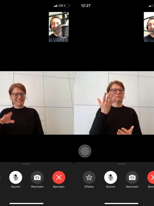 Vier Screenshots eines Facetime-Gesprächs zwischen Katja Fischer und Timo Grampes.
