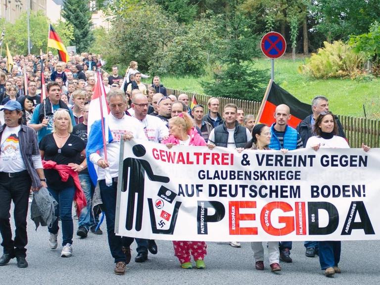Demonstranten mit einem Pegida-Banner laufen durch Sebnitz.