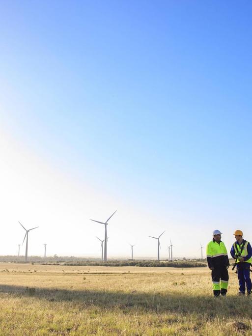 Zwei Männer in Arbeitskleidung stehen auf einer Wiese vor einer Windkraftanlage. Symbolfoto.
