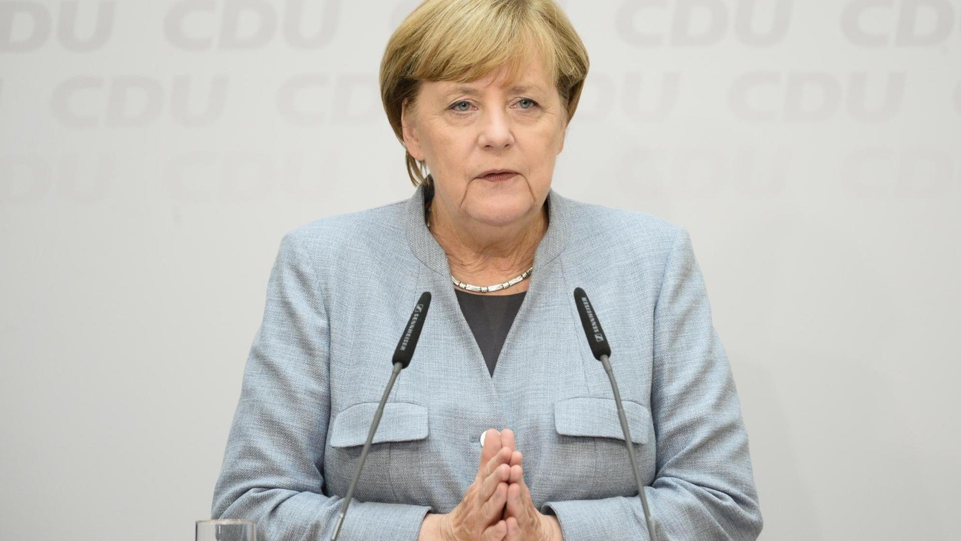 Bundeskanzlerin Angela Merkel bei einer Pressekonferenz im Konrad-Adenauer-Haus in Berlin.