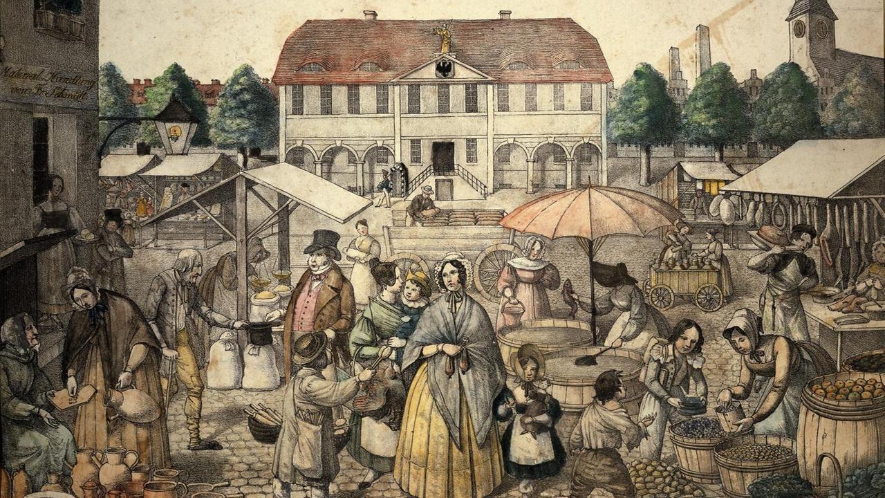 Markttag, Lithografie nach einer Zeichnung von Carl Heinrich Wilke.