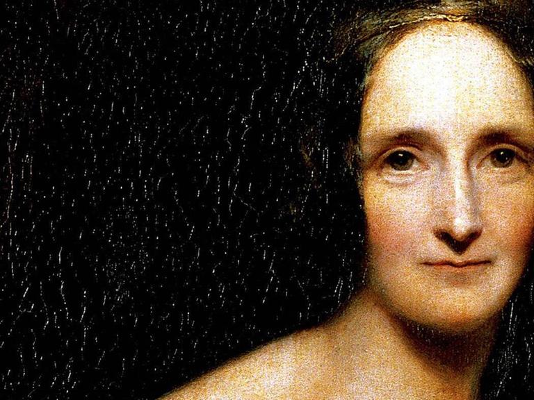 Ein gemaltes Porträt der Schriftstellerin Mary Shelley aus dem 19. Jahrhundert. Sie blickt den Betrachter ernst und frontal an, der Hintergrund ist schwarz.