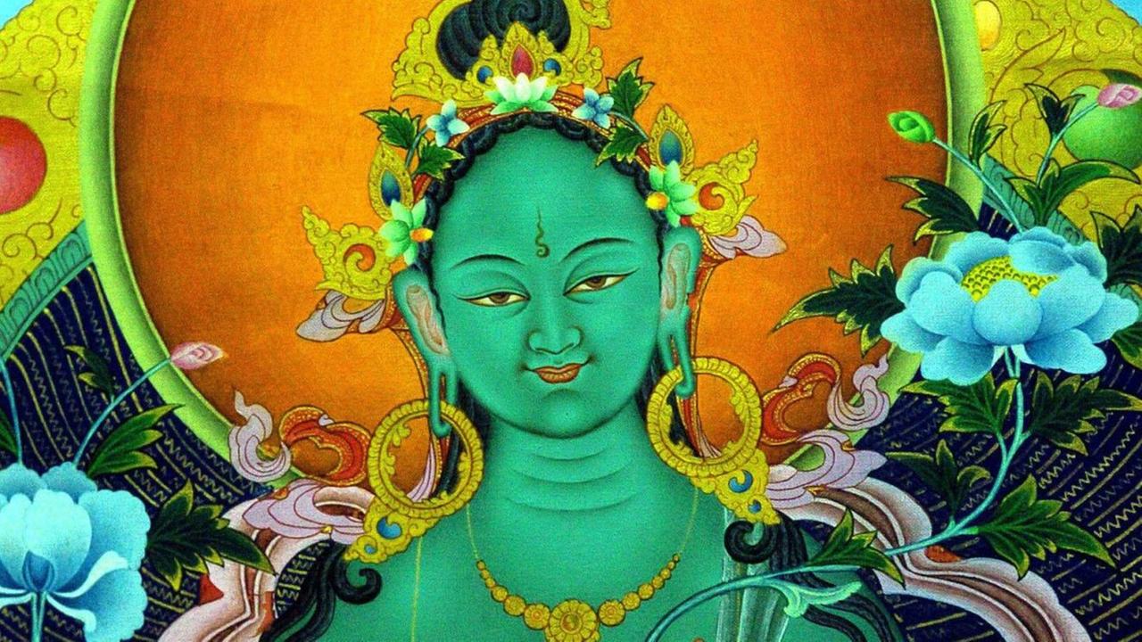 Das Detail eines tibetanischen Kunstwerks zeigt eine Grüne Tara