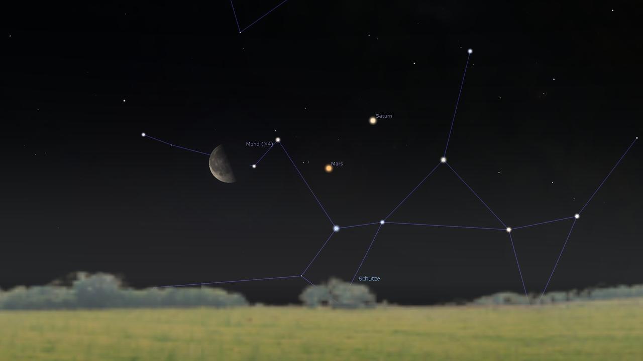 Der orthodoxe Osterhalbmond steht morgen früh gemeinsam mit Mars und Saturn tief im Südosten