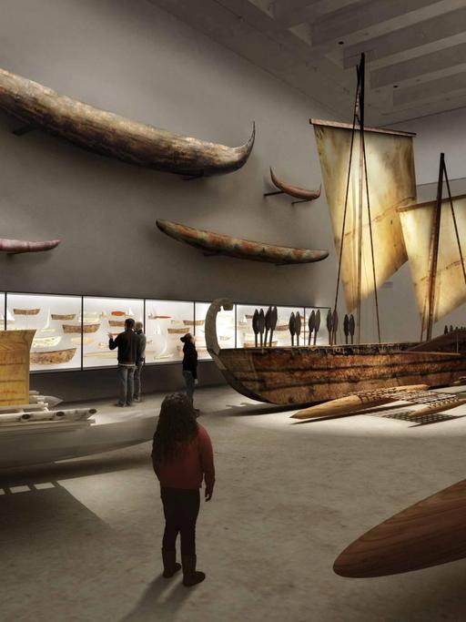 Blick in die zukünftige Ausstellungsgestaltung der neuen Bootshalle mit Schaudepot, Ethnologisches Museum