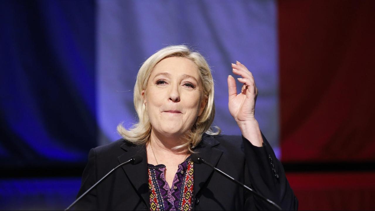 Die Vorsitzende des Front National, Marine Le Pen ist hier zu sehen.