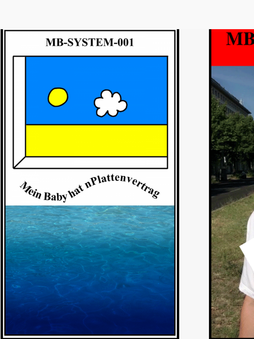 Screenshot der Webseite tegelmedia.net mit zwei Bildern nebeneinander: links ist eine Meereslandschaft zu sehen mit der Überschrift "Mein Baby hat einen Plattenvertrag", rechts ein Mann auf der Karl-Marx-Allee in Berlin, auf dessen T-Shirt sich das Foto einer Frau ständig im Kreis dreht. Darüber steht "Der Tick".