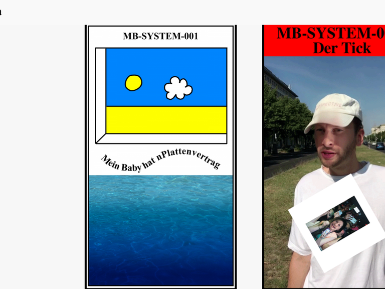 Screenshot der Webseite tegelmedia.net mit zwei Bildern nebeneinander: links ist eine Meereslandschaft zu sehen mit der Überschrift "Mein Baby hat einen Plattenvertrag", rechts ein Mann auf der Karl-Marx-Allee in Berlin, auf dessen T-Shirt sich das Foto einer Frau ständig im Kreis dreht. Darüber steht "Der Tick".