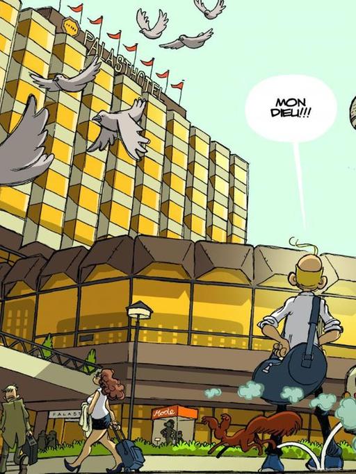 Die Szene aus dem Comic "Spirou in Berlin" von Flix zeigt den Berliner Fernsehturm, das Palasthotel an der Spree sowie die Helden Spirou und Fantasio