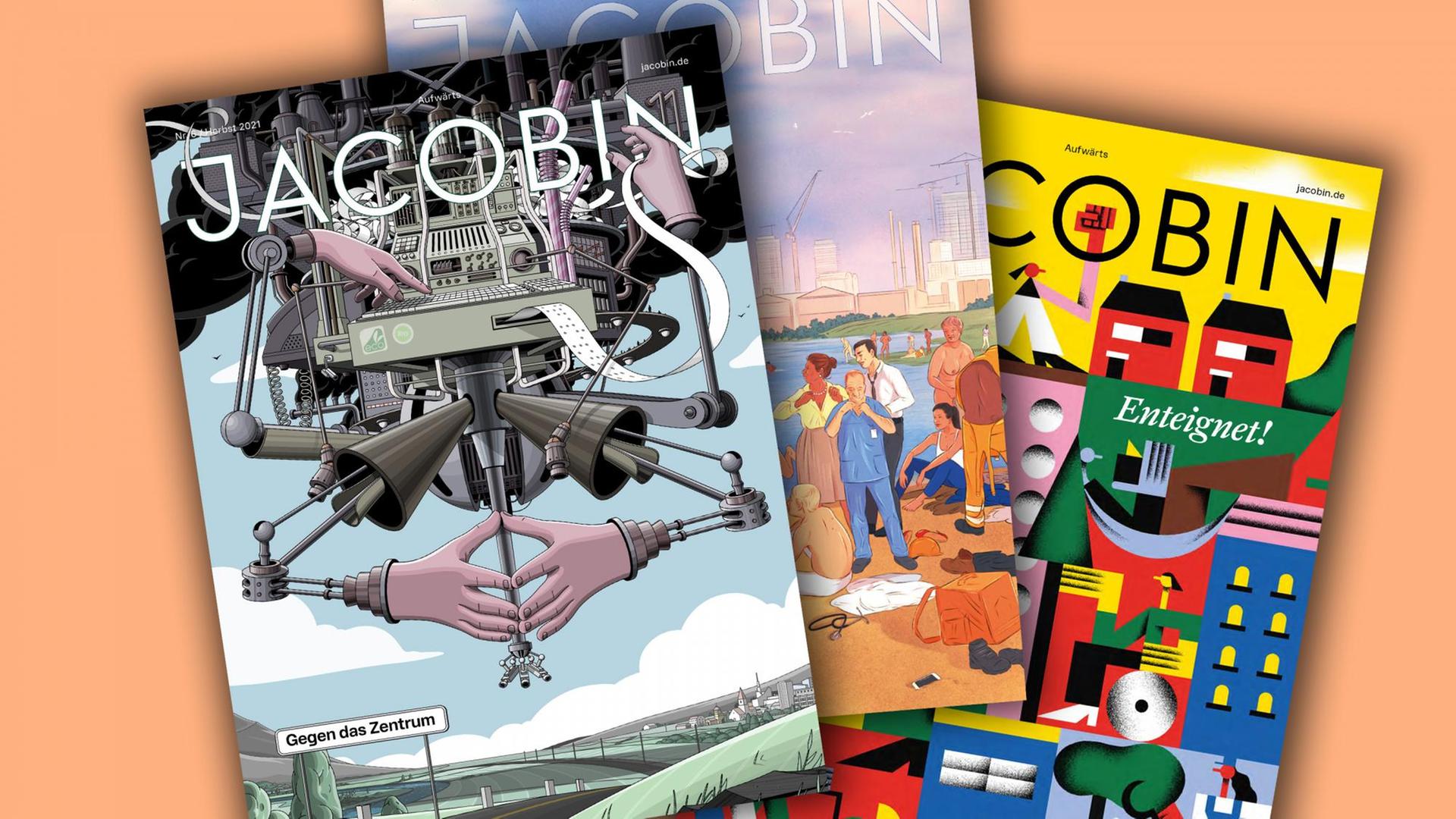 Collage mit drei Ausgaben der Zeitschrift "Jacobin", deren bunte Cover übereinander liegen.