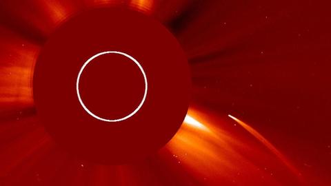 Ein Komet (rechts) stürzt auf die Sonne (links, abgedeckt) zu.