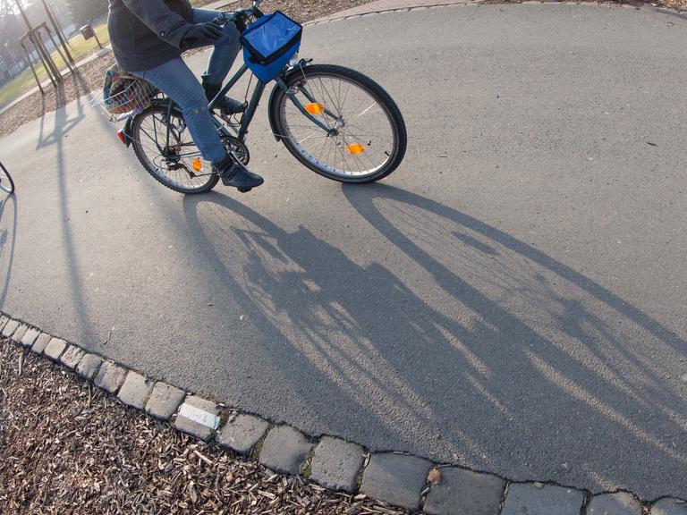 Zwei Fahrräder fahren auf einem asphaltiertem Fahrradweg.
