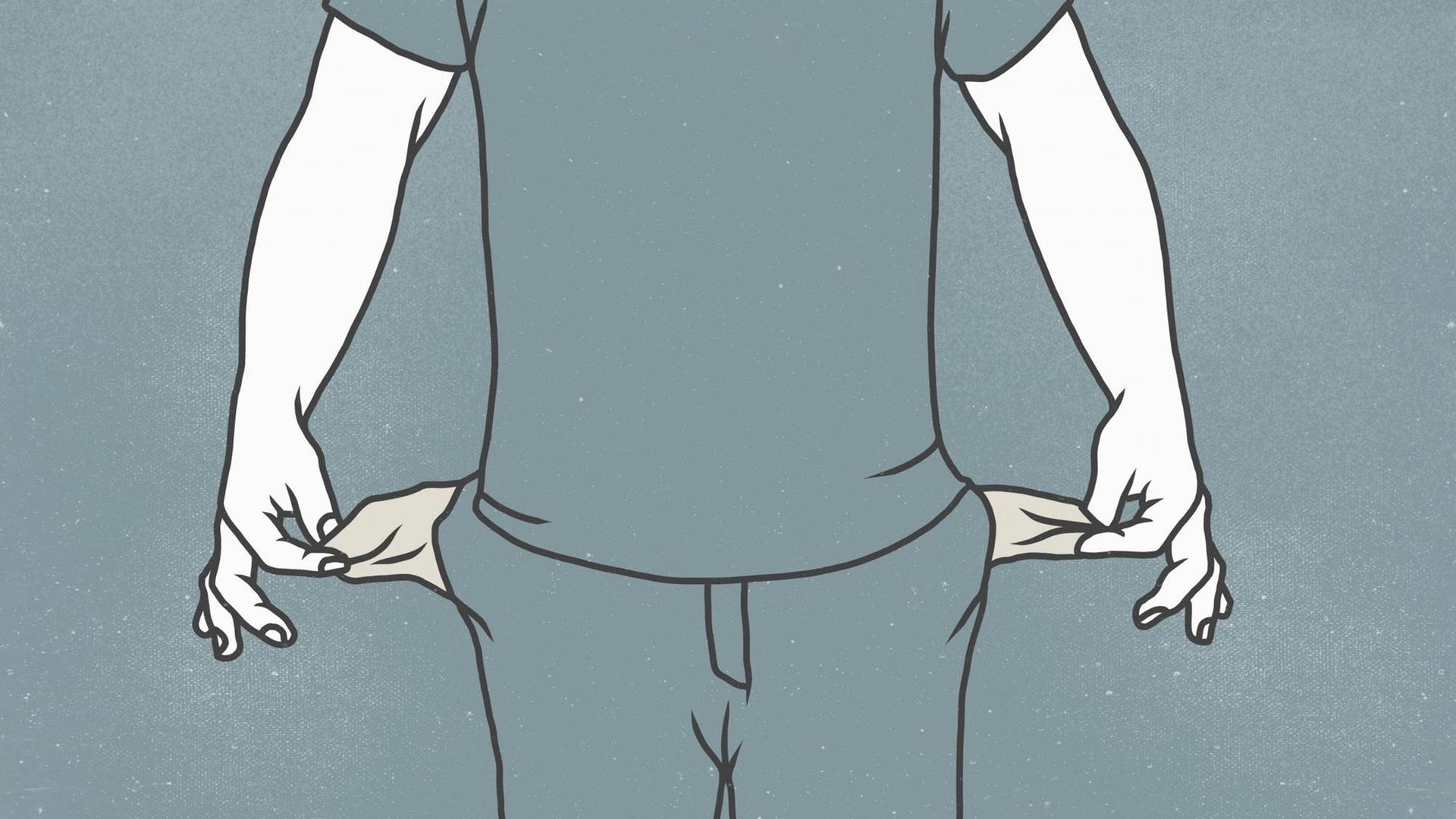 Illustration eines Mannes der seine Hosentaschen leer nach außen zieht.