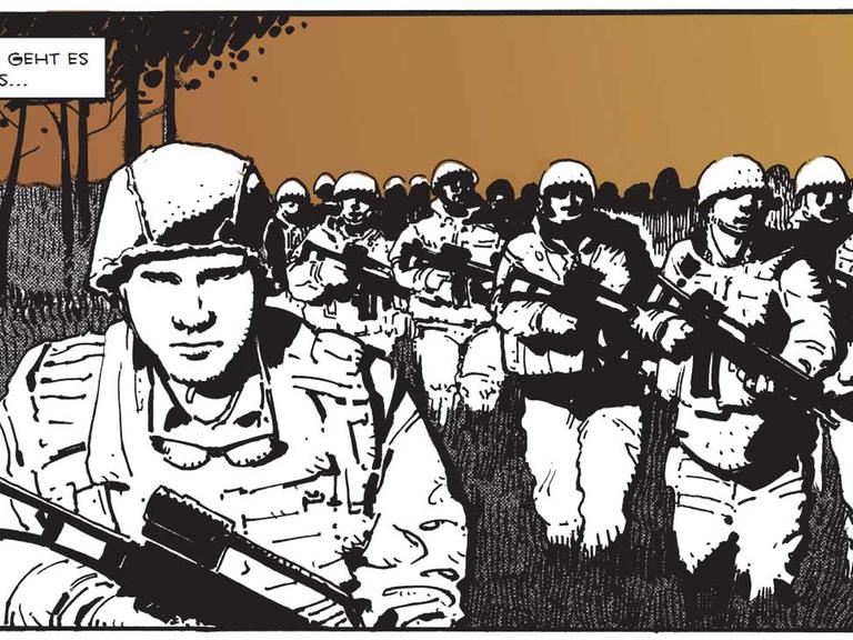 Ausschnitt aus dem Comic "Kriegszeiten - Eine grafische Reportage über Soldaten, Politiker und Opfer in Afghanistan" von David Schraven, Vincent Burmeister
