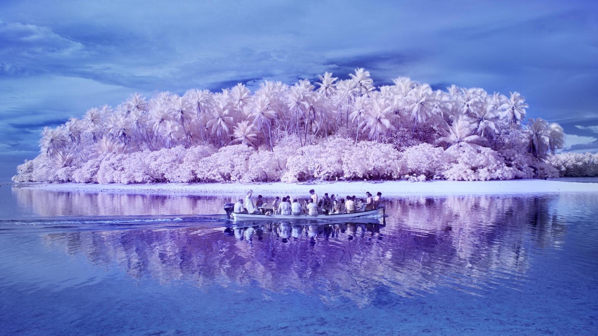 Ein Foto aus der Arbeit "Die Insel der Farbenblinden" von Susanne de Wilde eine Boot vor einer Insel in einer ganz eigenen Farbgebung.
