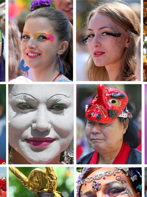 Gesichter des Karnevals - Menschen in bunten Kostümen und farbigen Make-Ups nehmen am 19.05.2013 in Berlin am Festumzug des Karnevals der Kulturen der Welt teil.