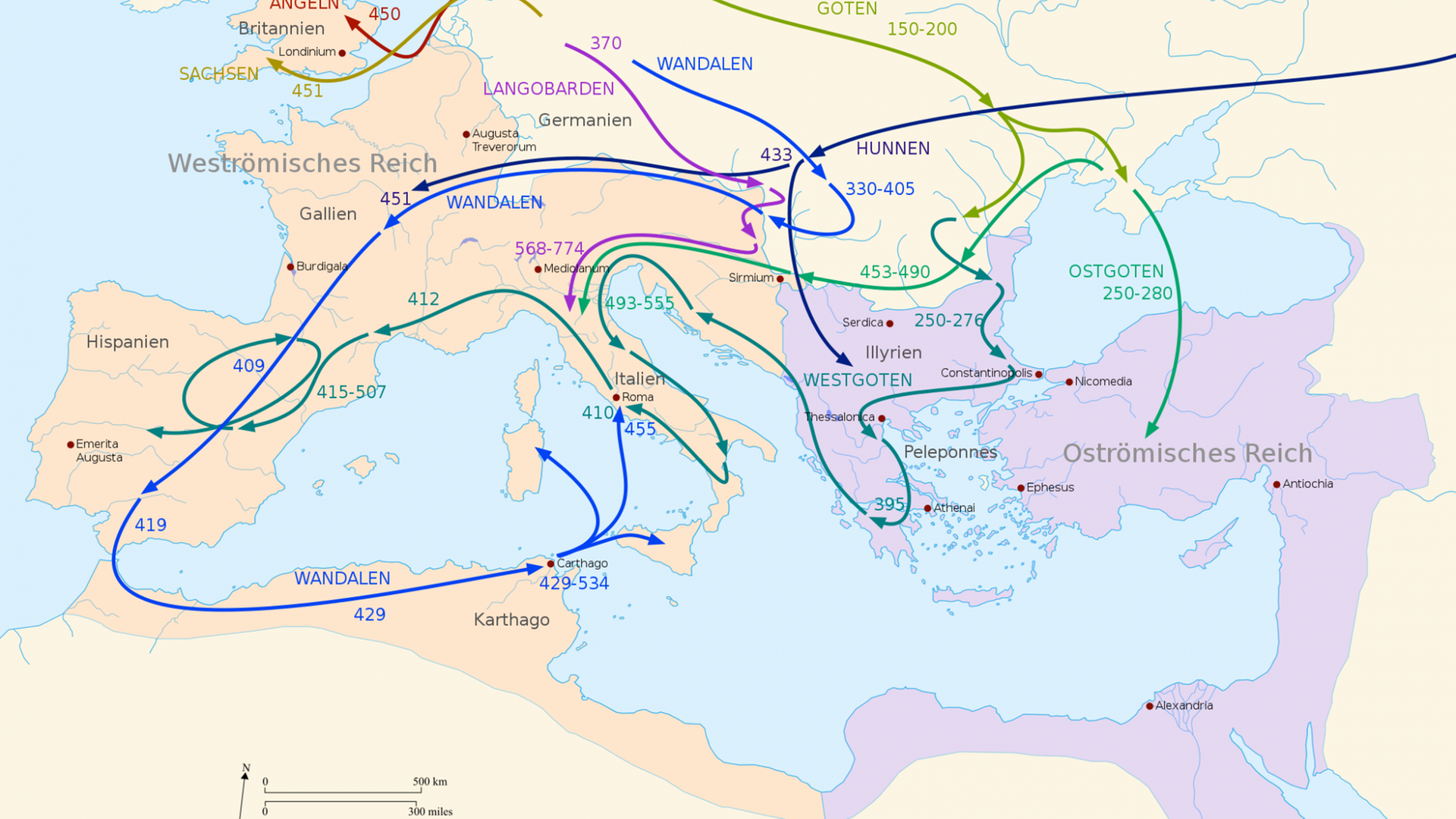 Schematische Darstellung der Völkerwanderung in Europa