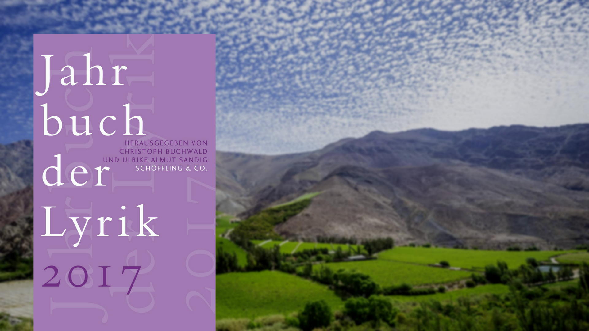 Cover: "Jahrbuch der Lyrik 2017", im Hintergrund: Ein Blick auf den Weinanbau im Elqui-Tal in Chile
