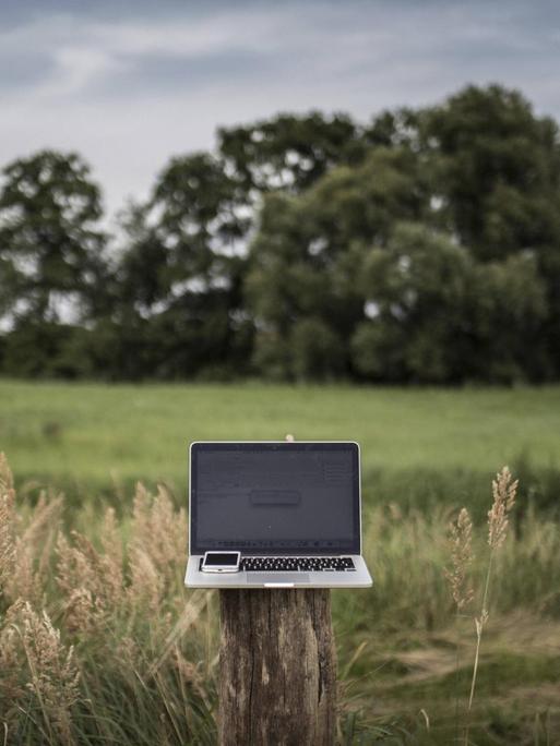 Ein Laptop, mit einem Smartphone darauf, steht auf einem Holzpfeiler in einer grünen Lanschaft.