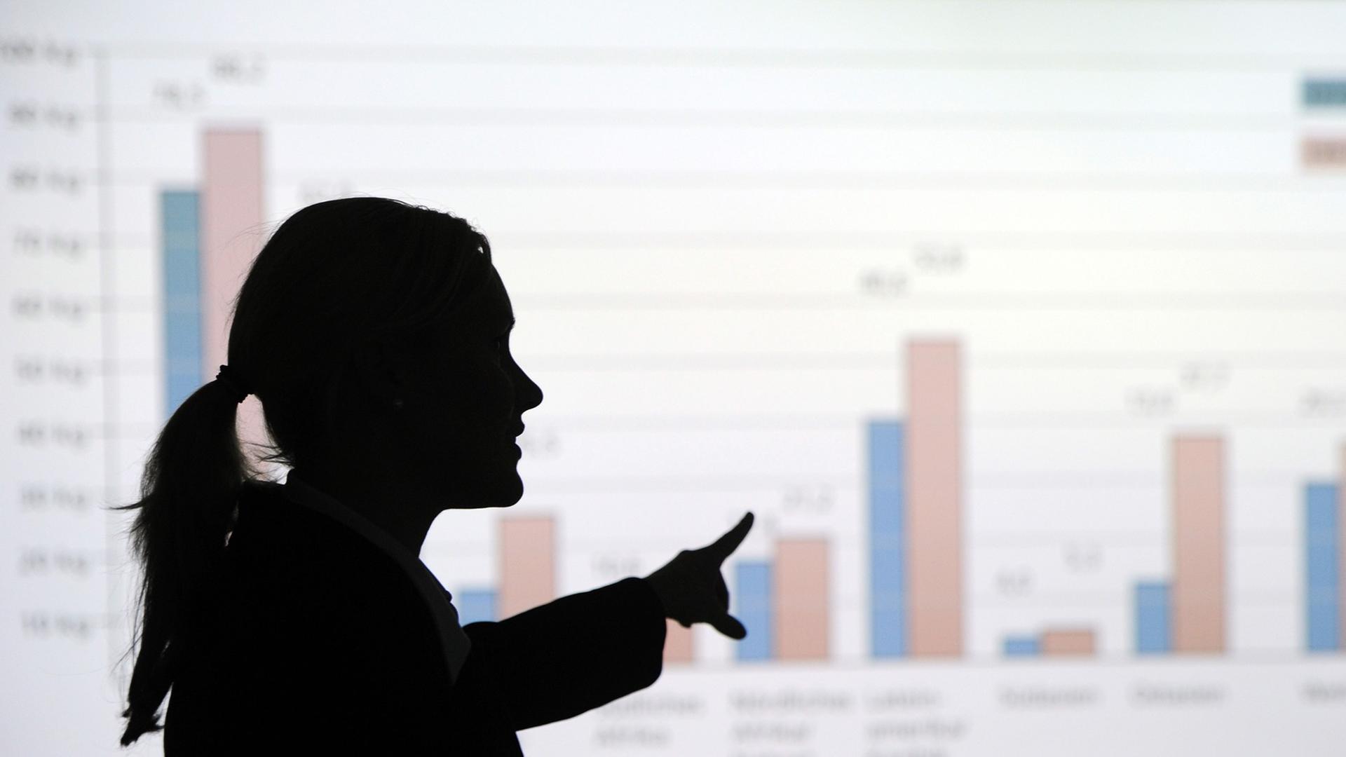 Eine Frau erklärt eine mittels Beamer an die Wand projizierte Statistik.