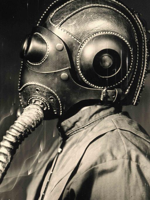 Schwarz-Weiß-Bild von Klangkünstler Masimba Hwati mit Gasmaske im Profil Schwarz-Weiß-Bild von Klangkünstler Masimba Hwati mit Gasmaske im Profil