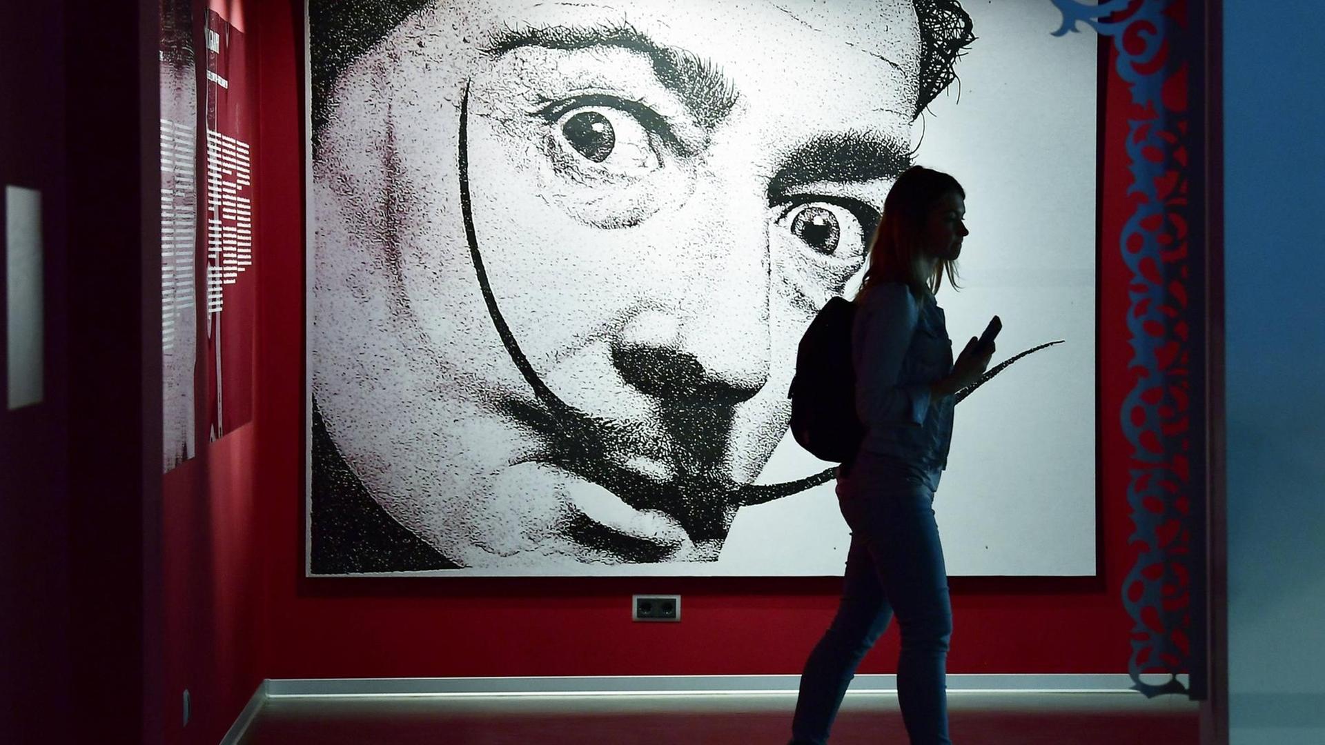 Ein Dali-Porträt, davor der dunkle Schatten einer Frau mit einem Rucksack. Ein Dali-Porträt, davor der dunkle Schatten einer Frau mit einem Rucksack.